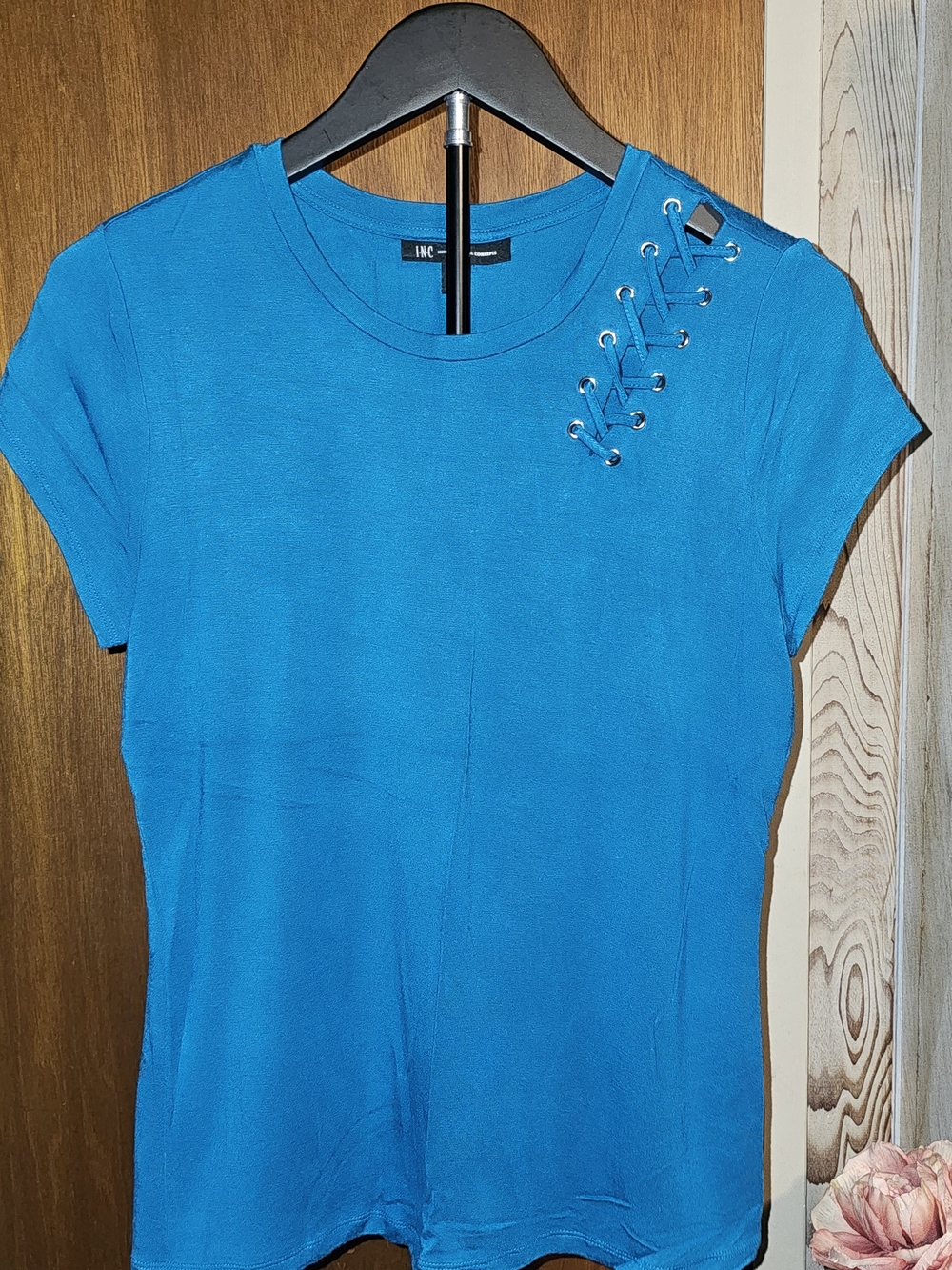 INC International Concepts Bright Teal Short Sleeve Petite Top Lace-Up Shoulder